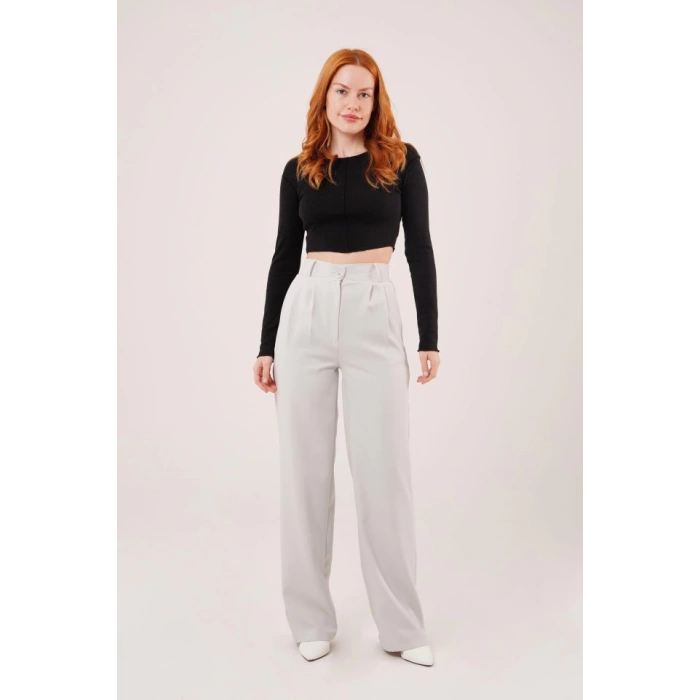 Bol Paça Piliseli Gri Pantolon