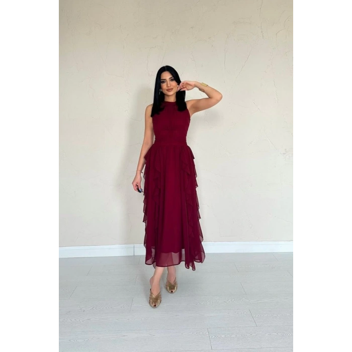 Bordo Önü Büzgülü Fırfırlı Elbise