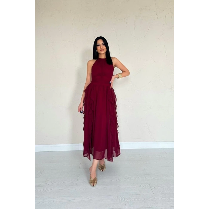Bordo Önü Büzgülü Fırfırlı Elbise