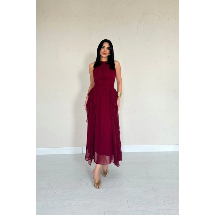 Bordo Önü Büzgülü Fırfırlı Elbise