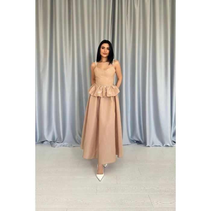Camel Beli Büzgülü İnci Askılı Uzun Elbise