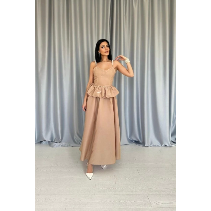 Camel Beli Büzgülü İnci Askılı Uzun Elbise