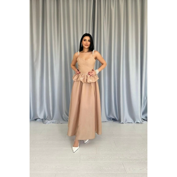Camel Beli Büzgülü İnci Askılı Uzun Elbise