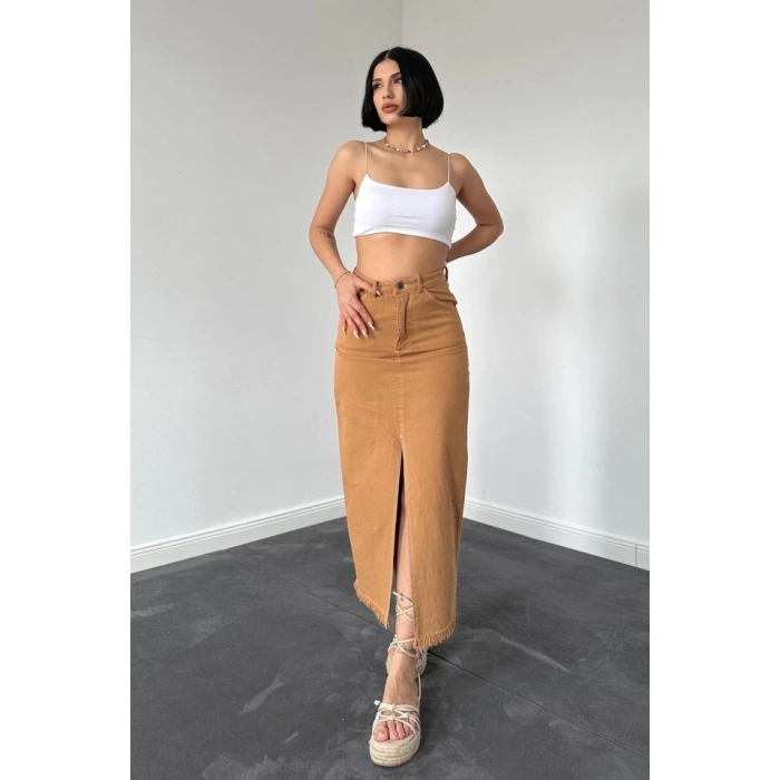 Camel Gabardin Boyamalı Püsküllü Etek