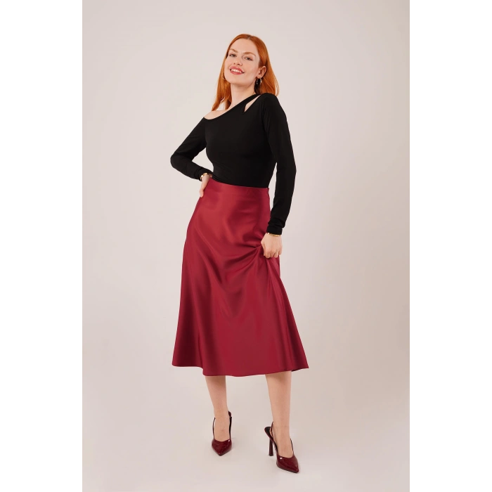 Çan Kesim Midi Bordo Saten Etek
