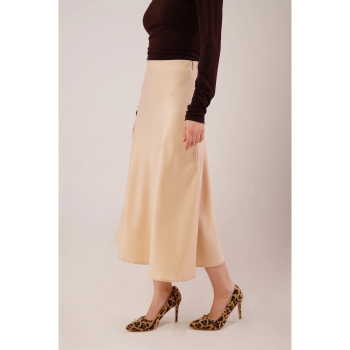 Çan Kesim Midi Krem Saten Etek