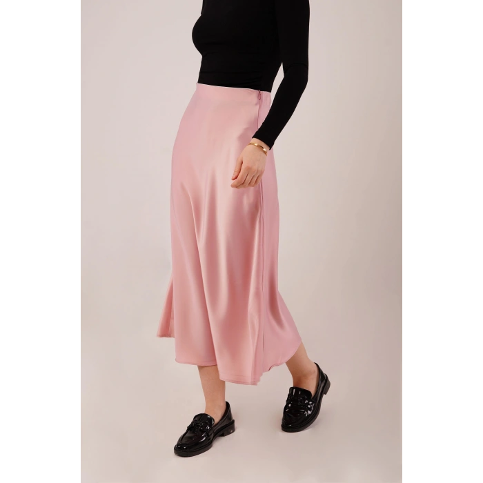 Çan Kesim Midi Pembe Saten Etek