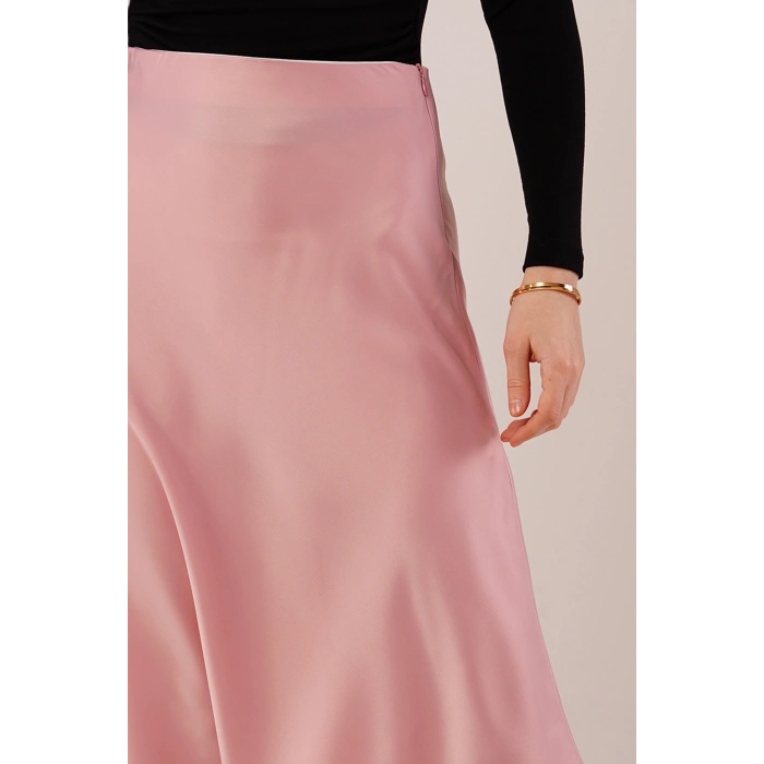 Çan Kesim Midi Pembe Saten Etek