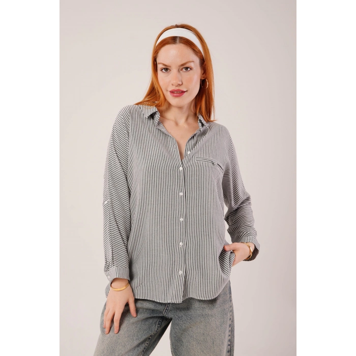 Cep Detay Çizgili Oversize Gri Gömlek