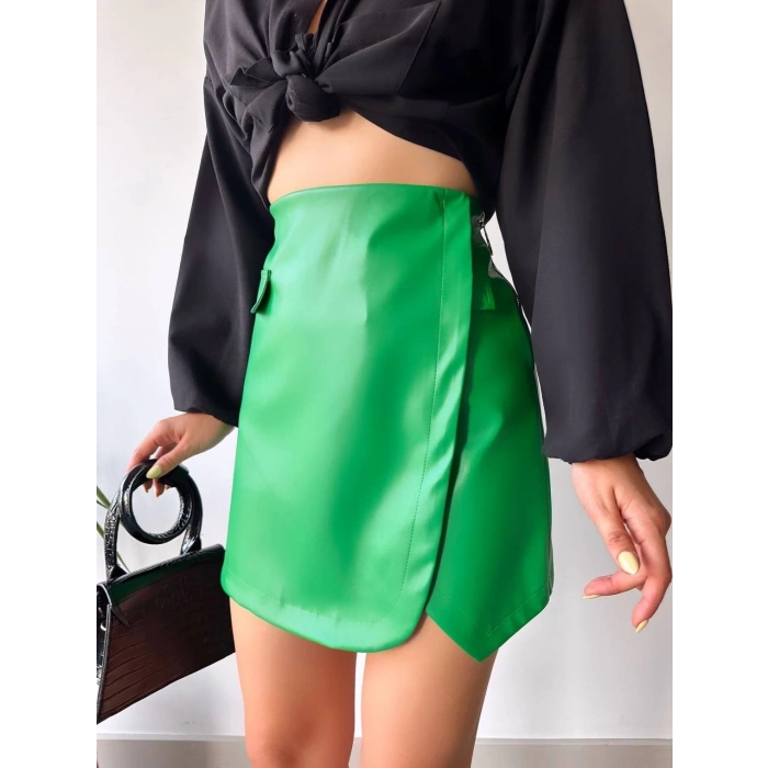 Cep detaylı oval kapaklı deri etek yeşil h240048