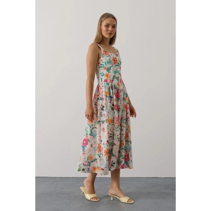 Çiçek Desenli Askılı Elbise - Pembe Çiçek