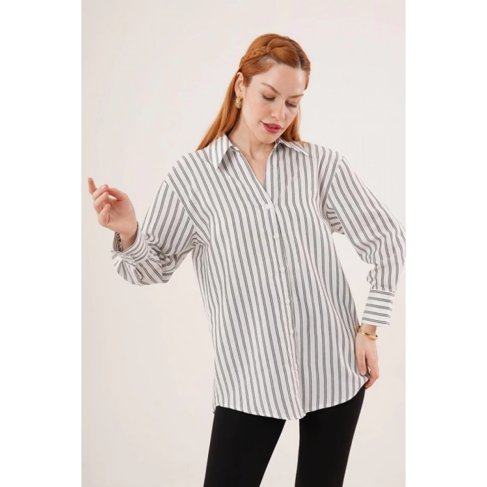Çift Çizgi Geçişli Düğmeli Gri Gömlek