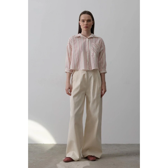 Çift Pileli Palazzo Pantolon - Natür