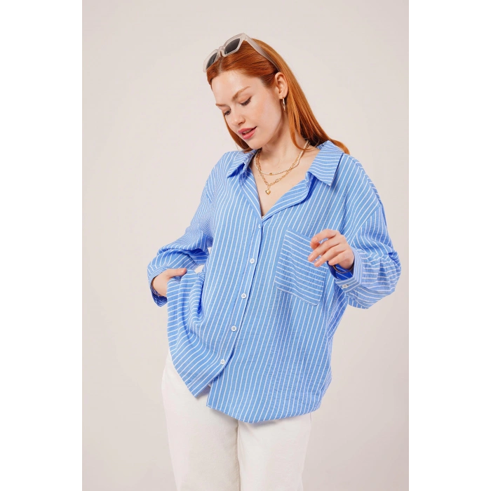 Çizgi Detaylı Cepli Mavi Gömlek