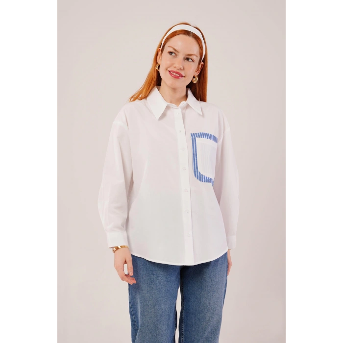 Çizgili Cep Detaylı Beyaz Gömlek