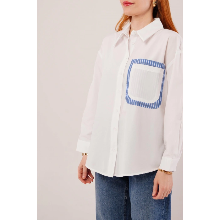 Çizgili Cep Detaylı Beyaz Gömlek