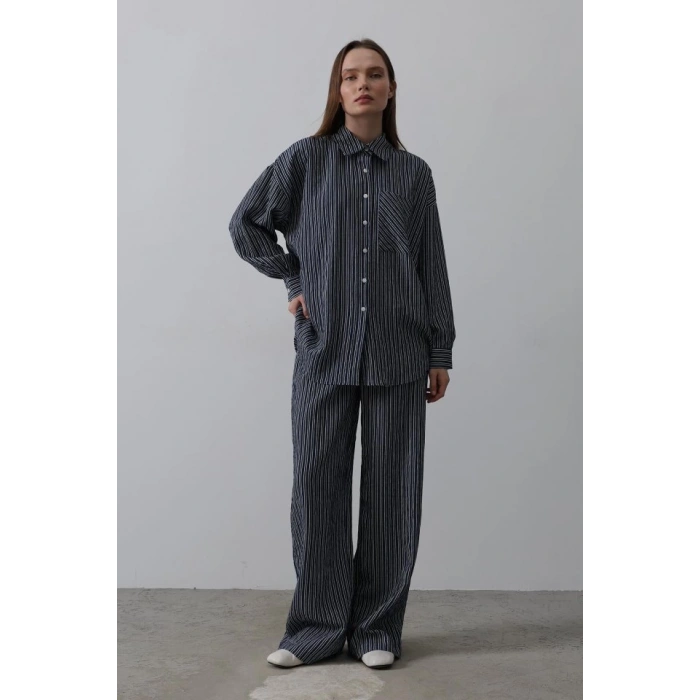 Çizgili Cep Detaylı Oversize Takım - Lacivert