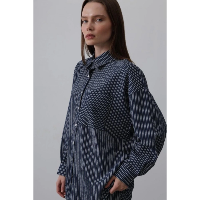 Çizgili Cep Detaylı Oversize Takım - Lacivert