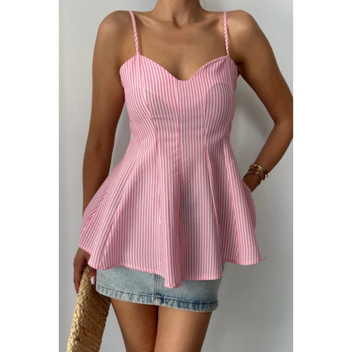 ÇİZGİLİ GOFRE ASKILI PENS DETAYLI BLUZ - Pembe