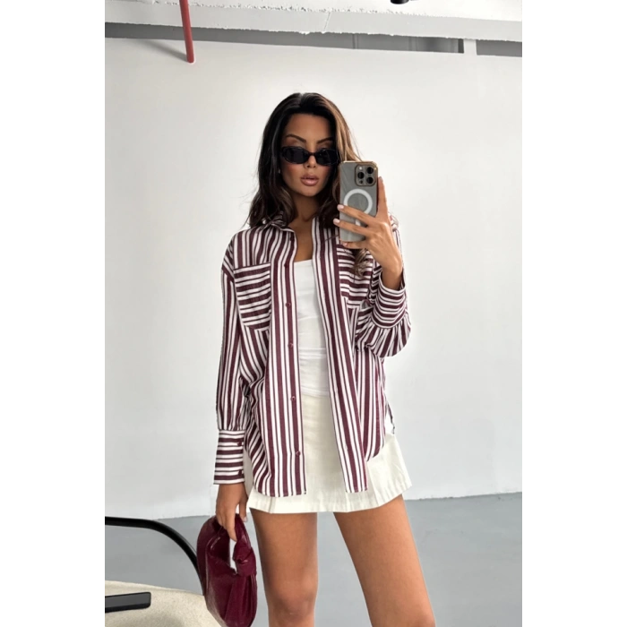 ÇİZGİLİ GÖMLEK - Bordo