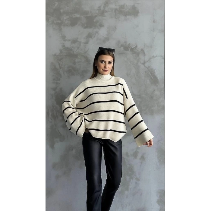 Çizgili ispanyol kol triko boğazlı kazak beyaz elf