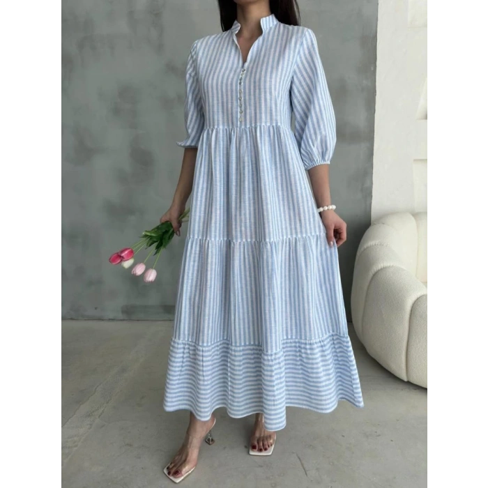 ÇİZGİLİ KETEN HAKİM YAKA DÜĞMELİ SALAŞ ELBİSE - Mavi