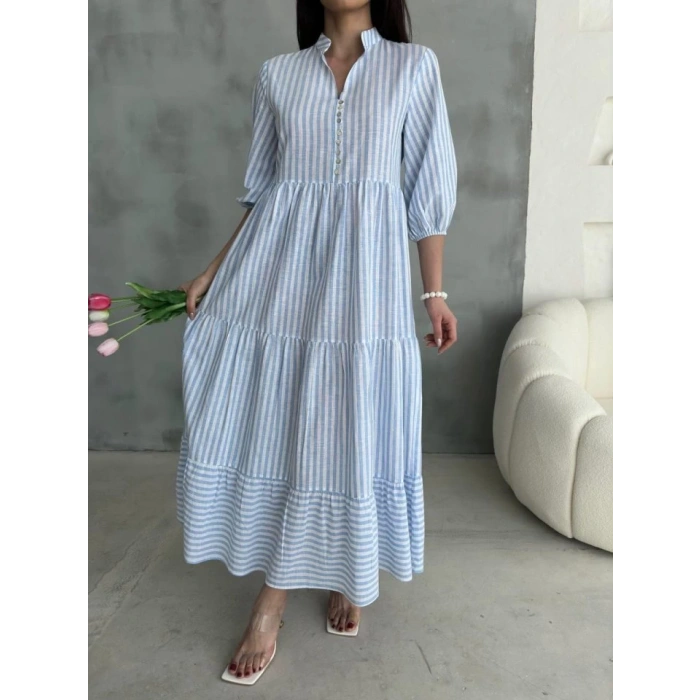 ÇİZGİLİ KETEN HAKİM YAKA DÜĞMELİ SALAŞ ELBİSE - Mavi