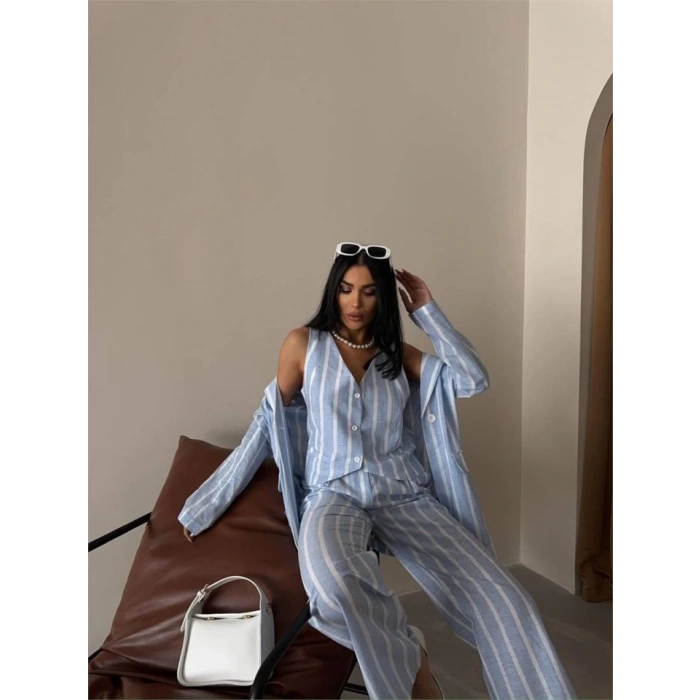 ÇİZGİLİ KETEN YELEK-PANTOLON TAKIM - Mavi