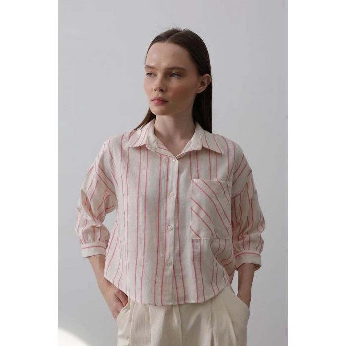 Çizgili Kısa Gömlek - Bej Pembe