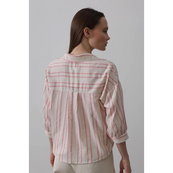 Çizgili Kısa Gömlek - Bej Pembe