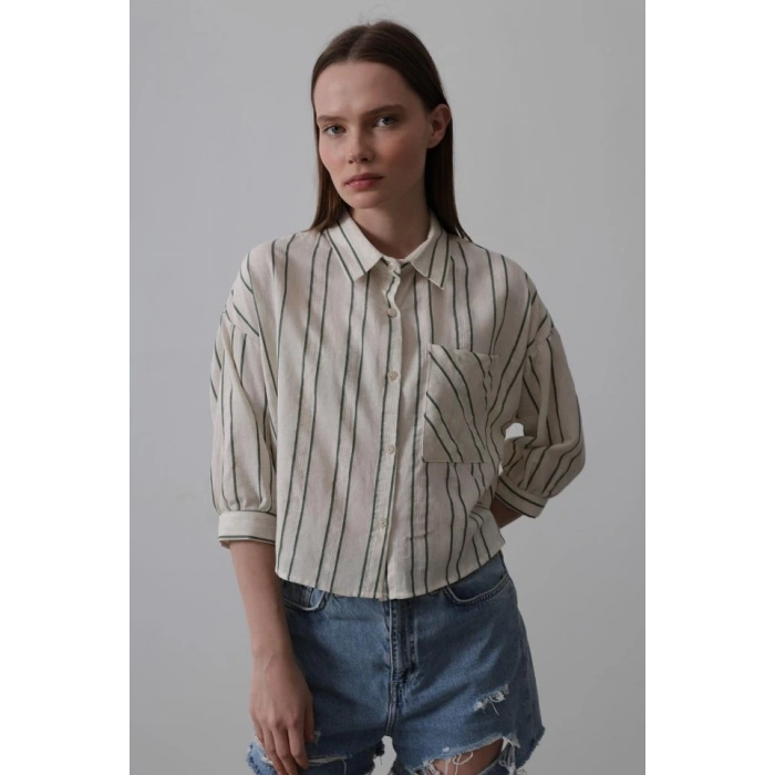 Çizgili Kısa Gömlek - Bej-Yeşil