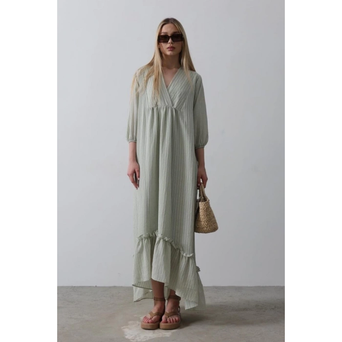 Çizgili Oversize V Yaka Elbise - Haki