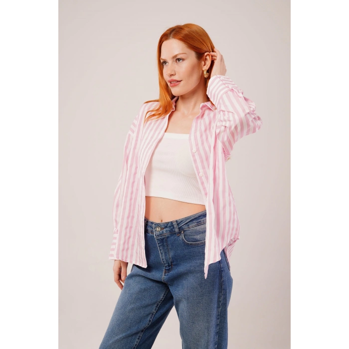 Çizgili Rahat Kesim Pembe Gömlek