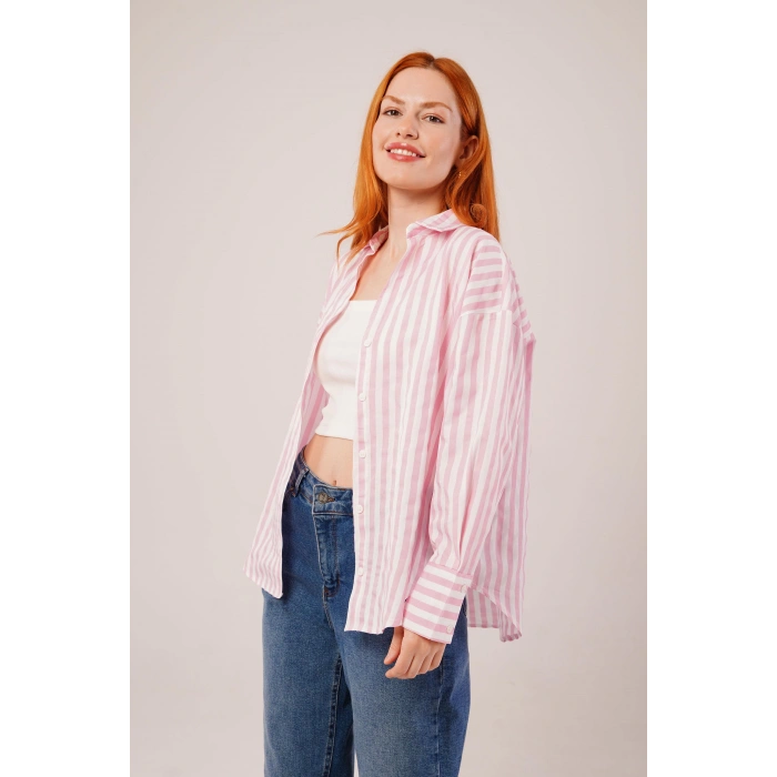 Çizgili Rahat Kesim Pembe Gömlek