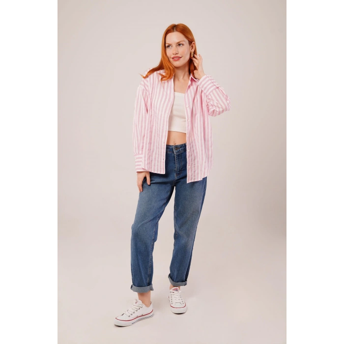 Çizgili Rahat Kesim Pembe Gömlek