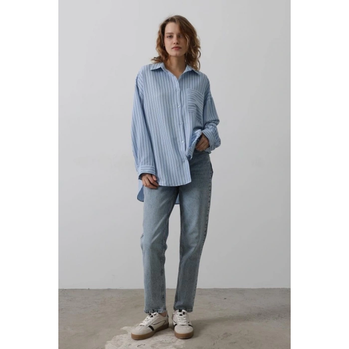 Çizgili Tek Cep Gömlek - Bebe Mavisi