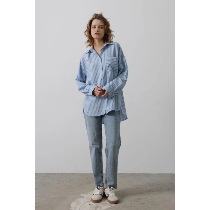 Çizgili Tek Cep Gömlek - Bebe Mavisi