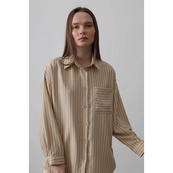 Çizgili Tek Cep Gömlek - Taş