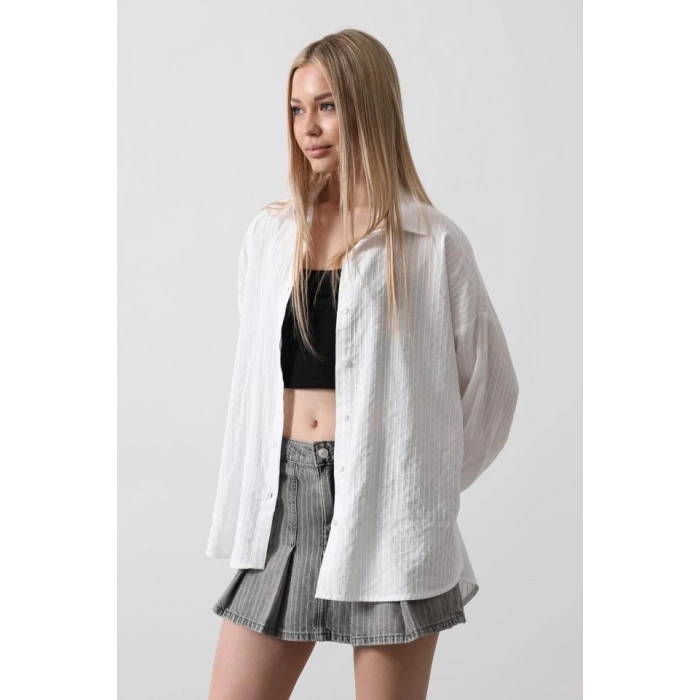 Çizgili Uzun Kol Gömlek - Beyaz