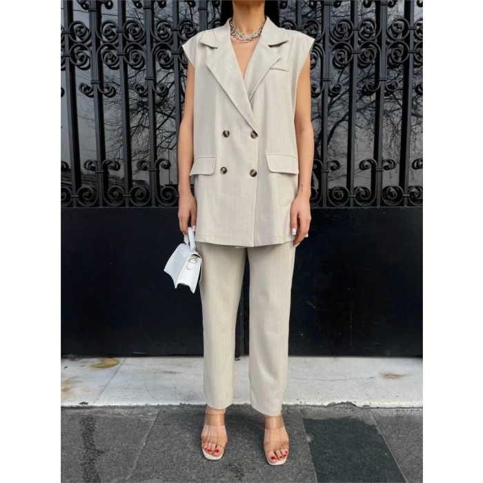 ÇİZGİLİ UZUN YELEK - PANTOLON TAKIM POLVİSCON - Bej