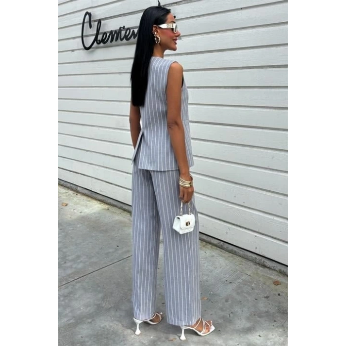 Çizgili Viscon Keten Yelekli Rahat Takım 10121