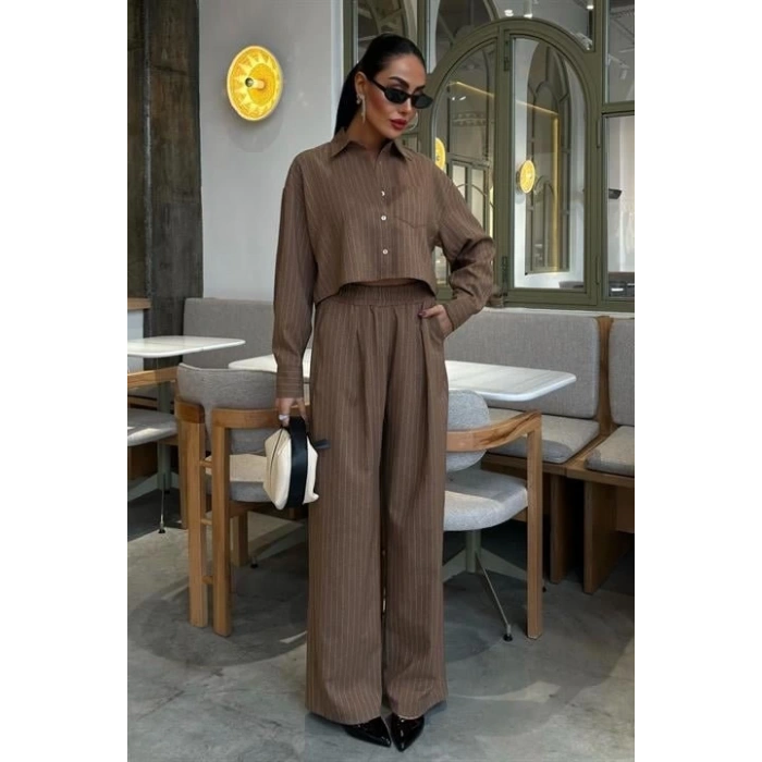 Crop Gömlekli Çizgili Takım 10080