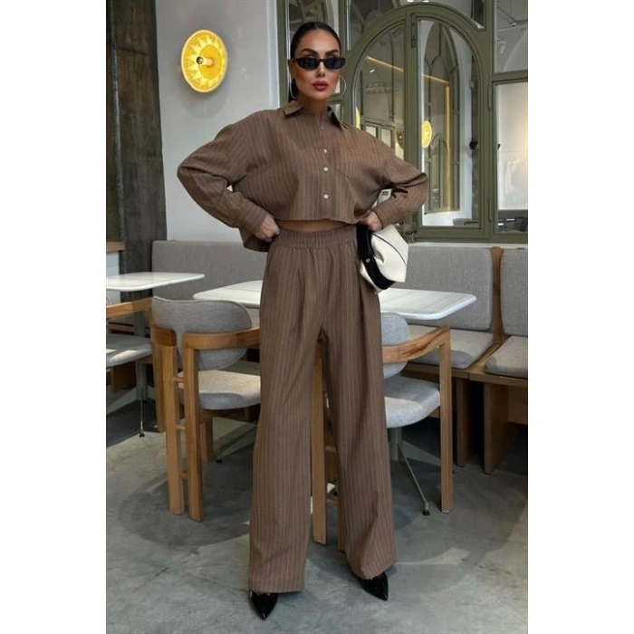 Crop Gömlekli Çizgili Takım 10080