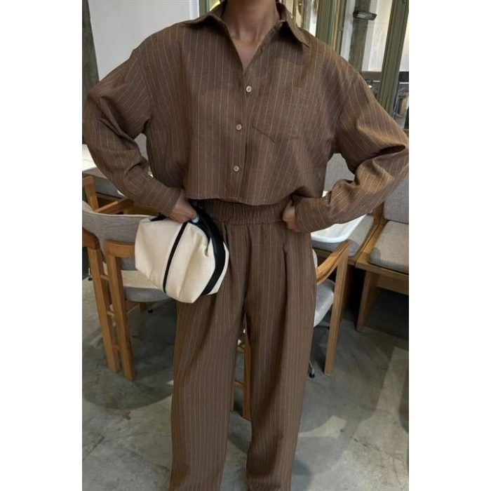 Crop Gömlekli Çizgili Takım 10080