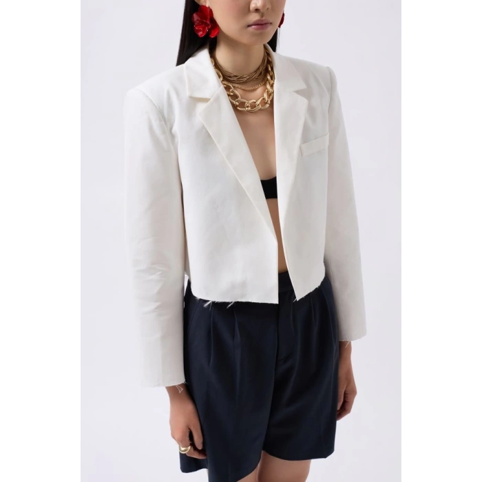 Crop Keten Blazer Ceket