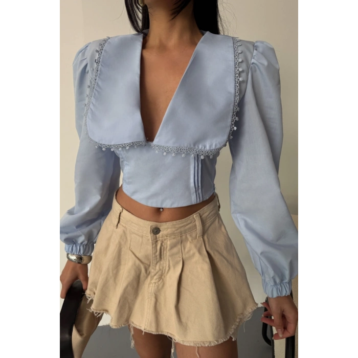 CROP POPLİN GÖMLEK YAKA KENAR DANTEL DETAYLI - Bebe Mavi