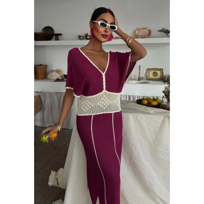 Dantel Desenli V Yaka Triko Elbise 2844