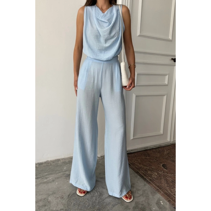 DEGAJE YAKA KOLSUZ BLUZ - PANTOLON TAKIM - Mavi