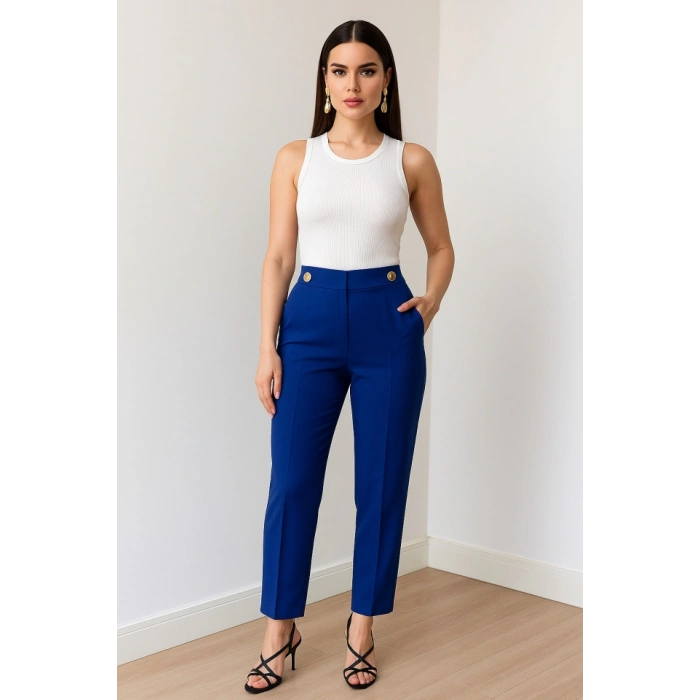 Dekorati̇f Düğmeli̇ Arka Bel Lasti̇kli̇ Pantolon