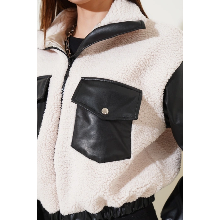 Deri garnili cepli peluş mont siyah t1253